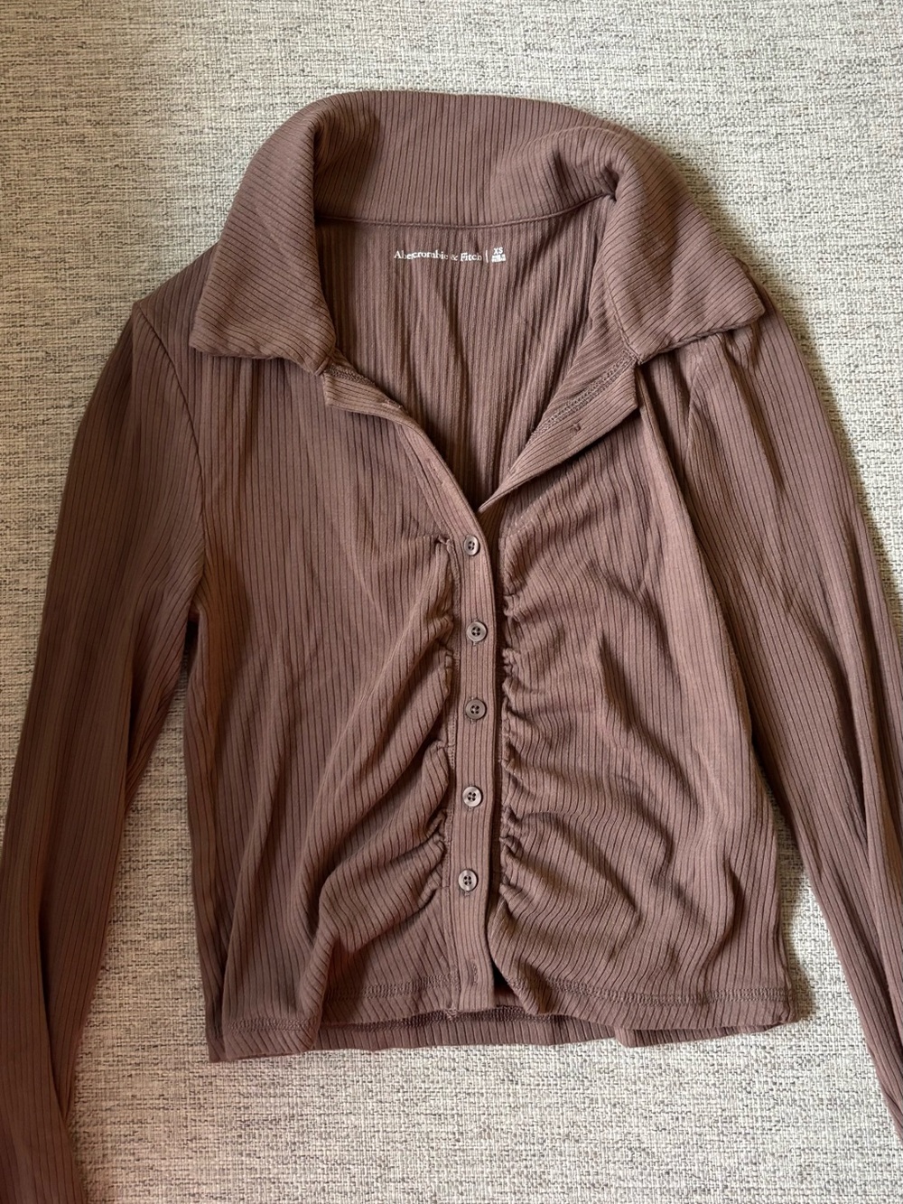 A&F Ribbed Button-Front Long Sleeve Top in Brown